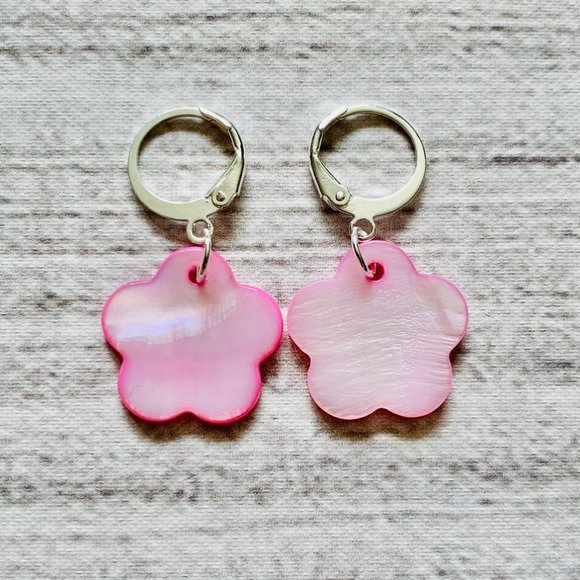 Pink Mother of Pearl Shell & Flower Hoop Earrings - Picture 2 of 5